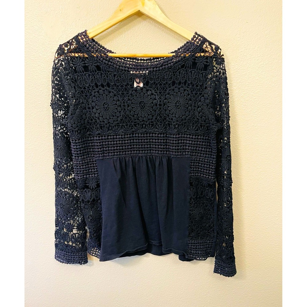 Sundance Black Crochet Lace Top Long Sleeve Witchy Whimsygoth Dark Boho Size S